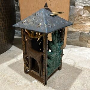 SOLD- Vintage MCF Rustic Cast Iron Candle Lantern w/ Deer and Pine Trees